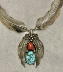 Vtg Native American Navajo Sterling Silver Turquoise red Coral Feather Necklace