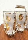Vintage Libbey Frosted Gold Leaf 8 Glass Set With Caddy