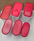 Lot Of 6 Dry Food Containers Vintage 5 Tupperware And 1 Rubbermaid With Red Lids