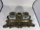 Antique Double Inkwell   Pen Tray Solid Cast Brass Art Nouveau