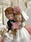 Vintage 1973 Wedding Cake Topper Lace Ceramic Wilton Bride   Groom Umbrella
