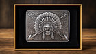 Western Mens Rectangle Belt Buckle Chief Skull Headdress Arrowheads Silver Tone