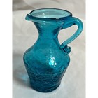 Vintage Turquoise Blue Crackle Glass Pitcher Mini Creamer Hand Blown Art Glass