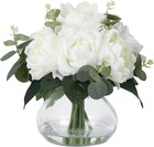 Lifelike Silk Flower Arrangement 4 Roses   Peonies In Glass Vase With Faux Water
