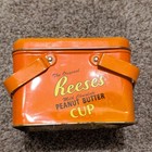 Vintage 1990s Reese s Peanut Butter Cup Metal Tin - Orange Square Lunchbox