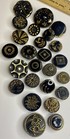 25 Vtg Antique Victorian Black Glass Buttons Gold Luster Floral Stars Lacy B24