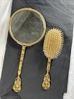 Lovely Pair Of Antique Gilt Ormolu Hair Brush   Mirror Vanity Dresser Set