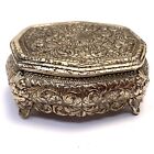 Vtg Silverplate Footed Trinket Box Coffin Turquoise Blue Velvet Interior Japan