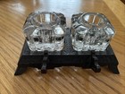 Vintage Cast Iron Dual Stand Inkwell With Solid Glass Inserts   Pen Rest