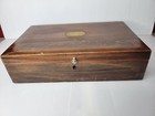 Wooden Box Vintage Hinged Silver Metal Lined 12 5x8x3 5 Keyhole Brass Inlay
