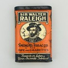 Vtg 1920s Sir Walter Raleigh Litho Hinged Pocket Tobacco Tin Orange Black Patina