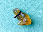 1930s Antique Czech Amber Glass Frog Cracker Jack Charm W Collar   Blue Bead
