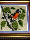 Nice Gift  Cute Bird Red Orange Cardinal Tree  Old Vintag Crewel Needlepoint Art