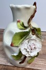 Vintage White Porcelain Vase With Applied Rose Flower And Leaves Decorative Art