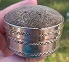 Vintage Metal Pin Cushion And Trinket Box  Sewing Kit Holder With Mirror
