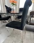 Dining Room Set Round Table Black Thick Glass Chrome Velvet 4 Chairs Dining Set