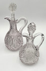 2 Vintage Blown And Pressed Glass Vinegar oil Cruets W stoppers   Handles  Beads