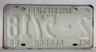 1966 Mississippi License Plate Alcorn County - Corinth Mississippi -october 1966