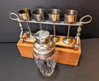 Vintage silver Plate Barware Set cordial Flight   Etched Glass Cocktail Shaker