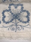 Vintage Standard Sz White W  Blue Embroidered Pillow Cases Lace Trim
