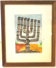 Vintage Jewish Menorah Picture Judaism Hebrew Israel Judaica Framed Jerusalem