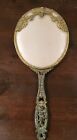 Vintage Antique Brass Tone Handheld Vanity Mirror 13  Tall