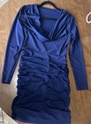 Navy Blue Ruched Cowl Neck Bodycon Dress Long Sleeve Knee Length For Women