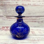 Vintage Cobalt Blue Bohemian Glass Perfume Bottle Hand-painted Gold Floral
