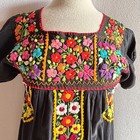 Vtg Black Cotton Colorful Floral Embroidered Mexican Oaxacan Maxi Dress Small