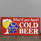 Vtg New Nos Red Vintage Pabst Blue Ribbon Metal Sign What ll You Have  Rare Pbr