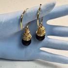 Vintage Pierced Earrings Gold Tone Hoop Black Bead Dangle Minimalist Modern
