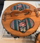 Vtg Wooden Bushel Basket Sewing Box  Green Floral Fabric Heart  Wooden Handle