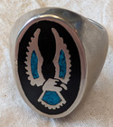 Vintage Silver  Toned Turquoise Inlay Eagle Signet Ring - Southwestern Native