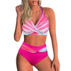 Push Up Swimsuit Women Pink Patchwork Cross Padded Belt High Waist Bikini Set 20