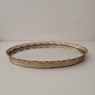 Vintage Oval Filigree Gold Metal Vanity Mirror dresser Tray wall Hanging  flaw