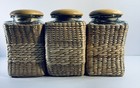 Retro Woven Seagrass Glass Canister Jars Set Of 3 W  Wood Lids 1970s Vibe