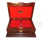 Large Vintage Turkish Hand Carved Walnut Jewelry Box Brass Inlay Red Velvet Lock
