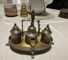 1900s Antique Portuguese Brass Inkwell And Bell Set