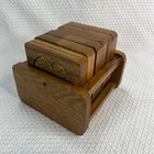 Vintage Mid Century Modern Oak Wood And Cork Coaster Set Of 6 With Caddy Holder
