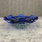 Vintage Murano Style Royal Gallery Art Glass Cobalt Blue Green Flower Glass Bowl