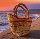 African Ghana Bolga Hand-woven Market Basket Purse Leather Handles Nice Colors