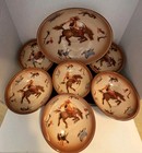 Rare Cowboy rodeo Large   Enamel Bowl And 6 Serving Bowls By Nasco 1950s Vintage