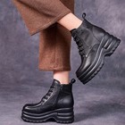 Women Genuine Leather Round Toe Platform Wedge Ankle Boots Lace Up High Heels