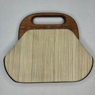 Vintage 70s Etienne Aigner Purse Linen Jute Clutch Bag Handbag Wooden Handle