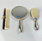 Vtg 3 Pcs Vanity Dresser Set - Brush Comb Mirror Ornate Silver Gold Heavy Japan