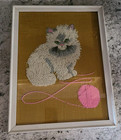 Vintage Mcm Green Eyed Grumpy Cat Framed Embroidered Playful Kitten Kitch Art