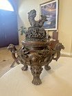 Vtg Brass Chinese Ding Censer  incense Burner  W  Foo Dog   Dragon Lion Feature