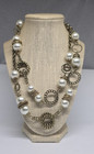 Vtg Brass Plated Faux Pearl Necklace Textured   Rhinestone Circle Links 40    4 