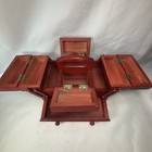 Red Wooden Sewing Box Tabletop Accordion Fold Out 7 Compartments Vintage Read