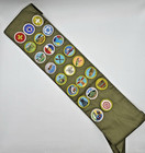 Vintage Boy Scout Merit Badge Sash With 23 Badges Sewn Patches Olive Green Bsa